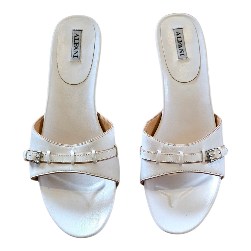 Elfani Paige 9M Women's White Slides With Kitten Heel  Buckle Accent